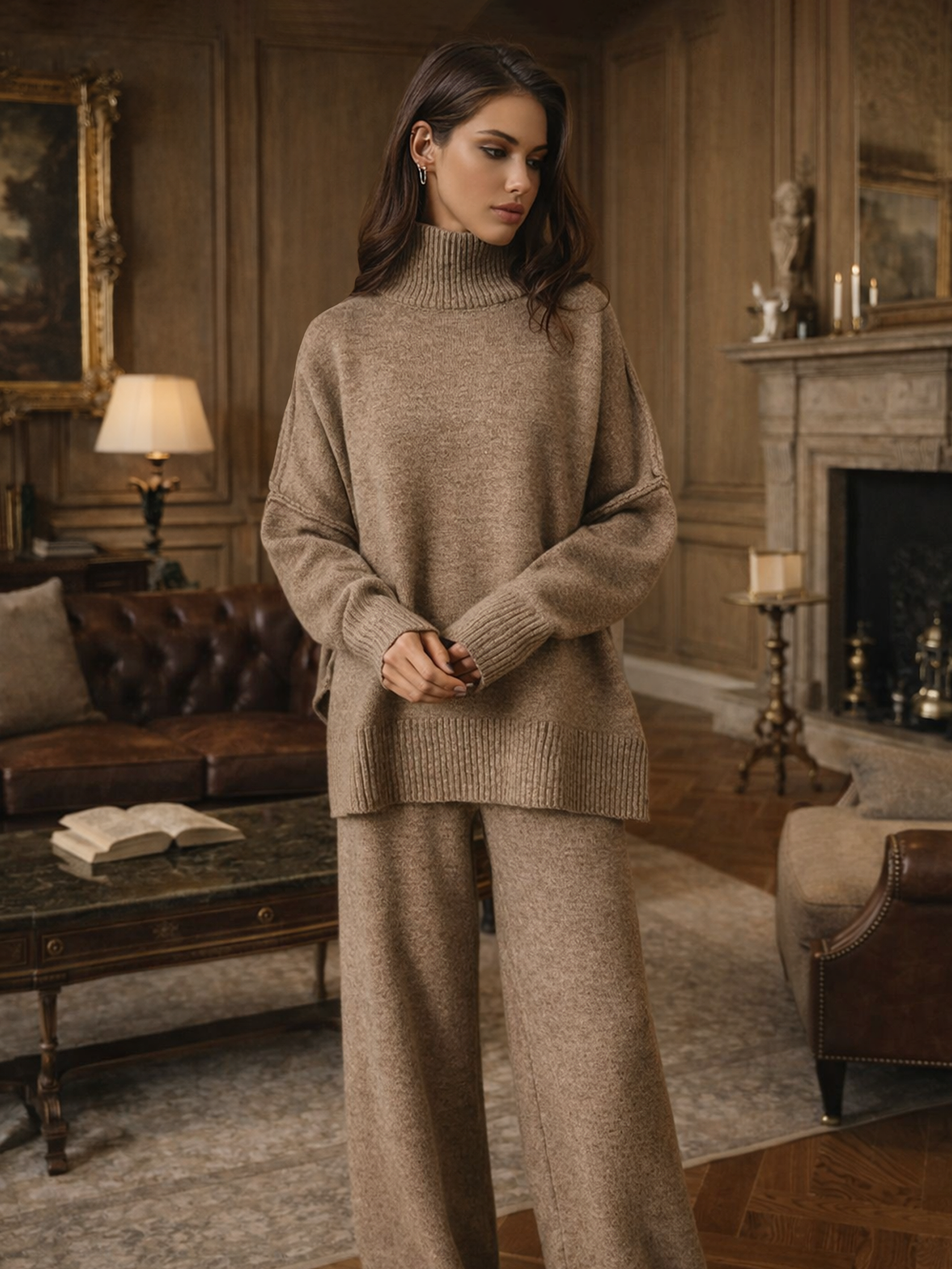 Schlichtes Rollkragen Strick Hosen Set