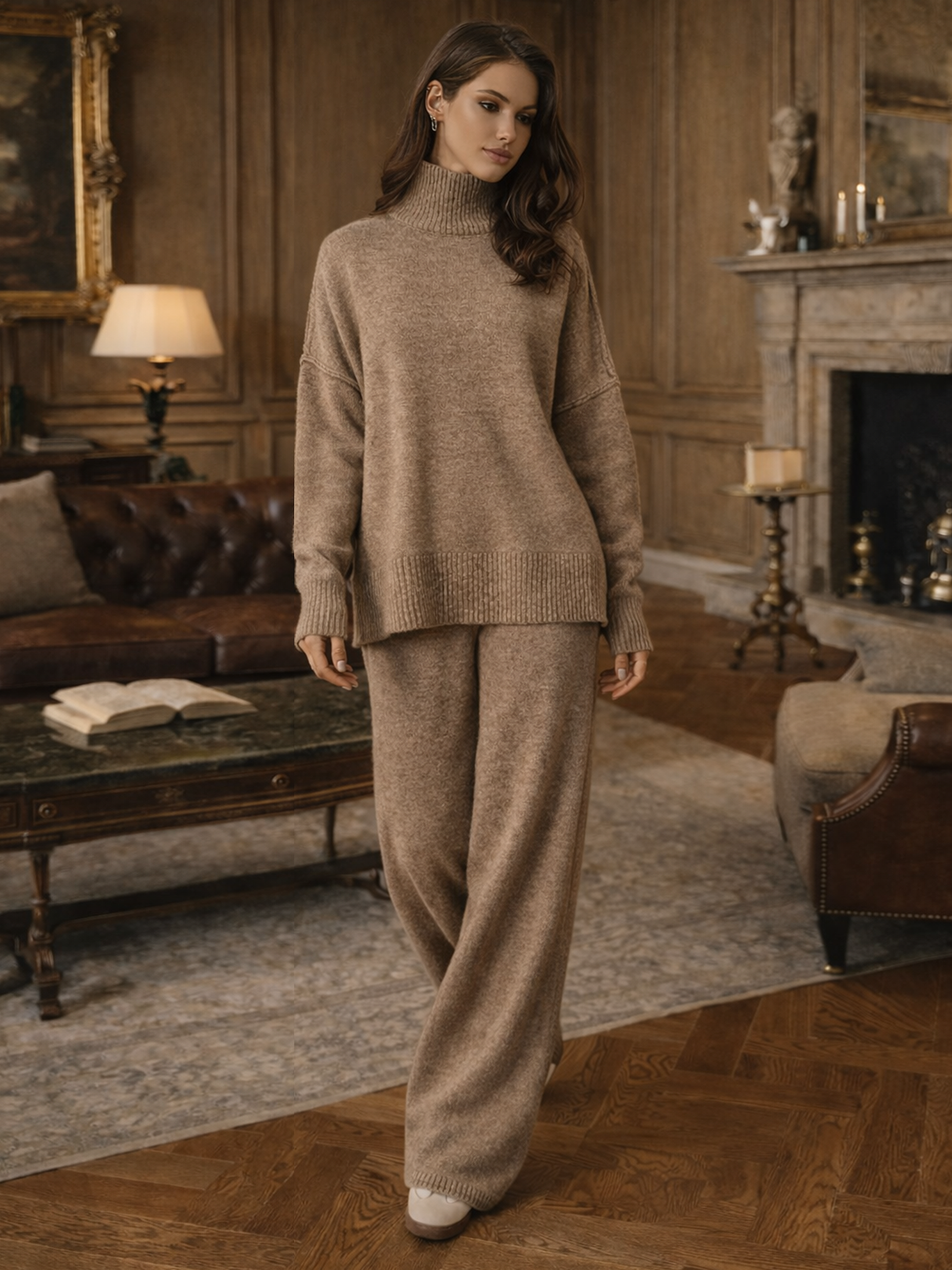 Schlichtes Rollkragen Strick Hosen Set