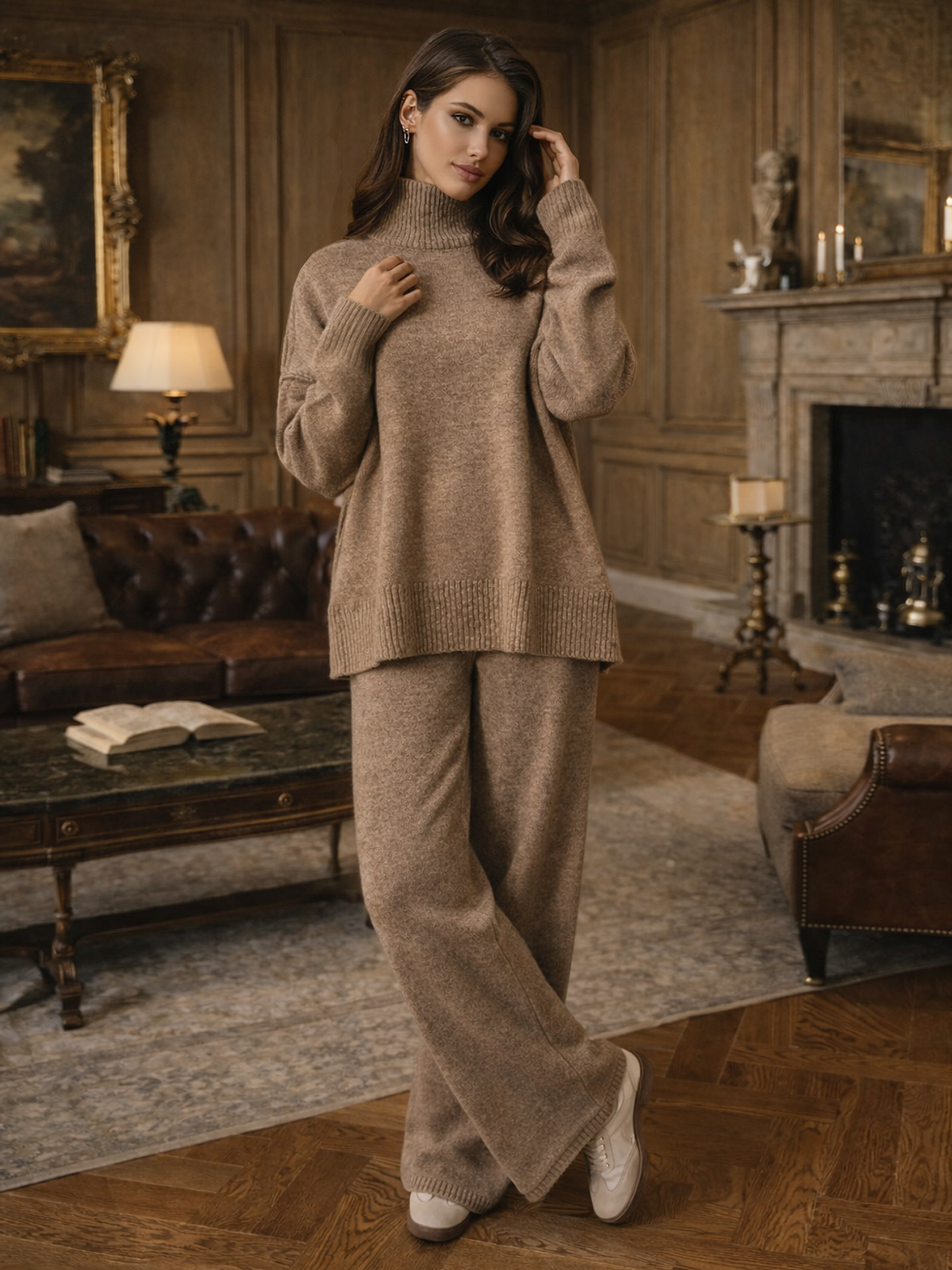 Schlichtes Rollkragen Strick Hosen Set