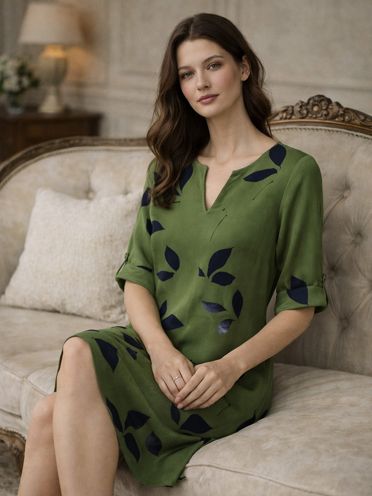 V Ausschnitt Blattmuster Sommerkleid