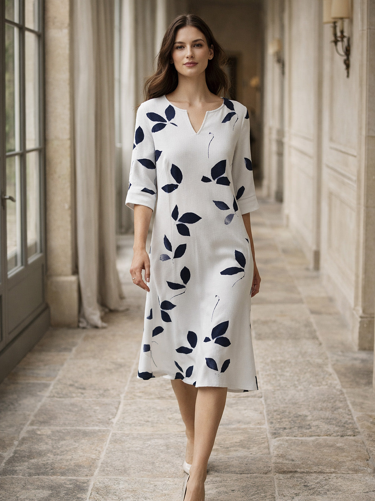V Ausschnitt Blattmuster Sommerkleid