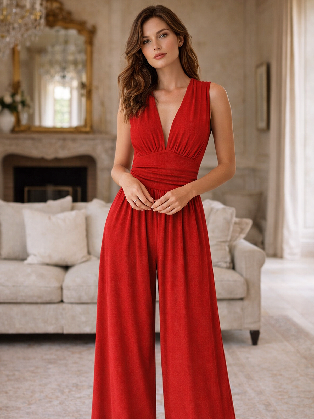 V Ausschnitt Weitbein Jumpsuit