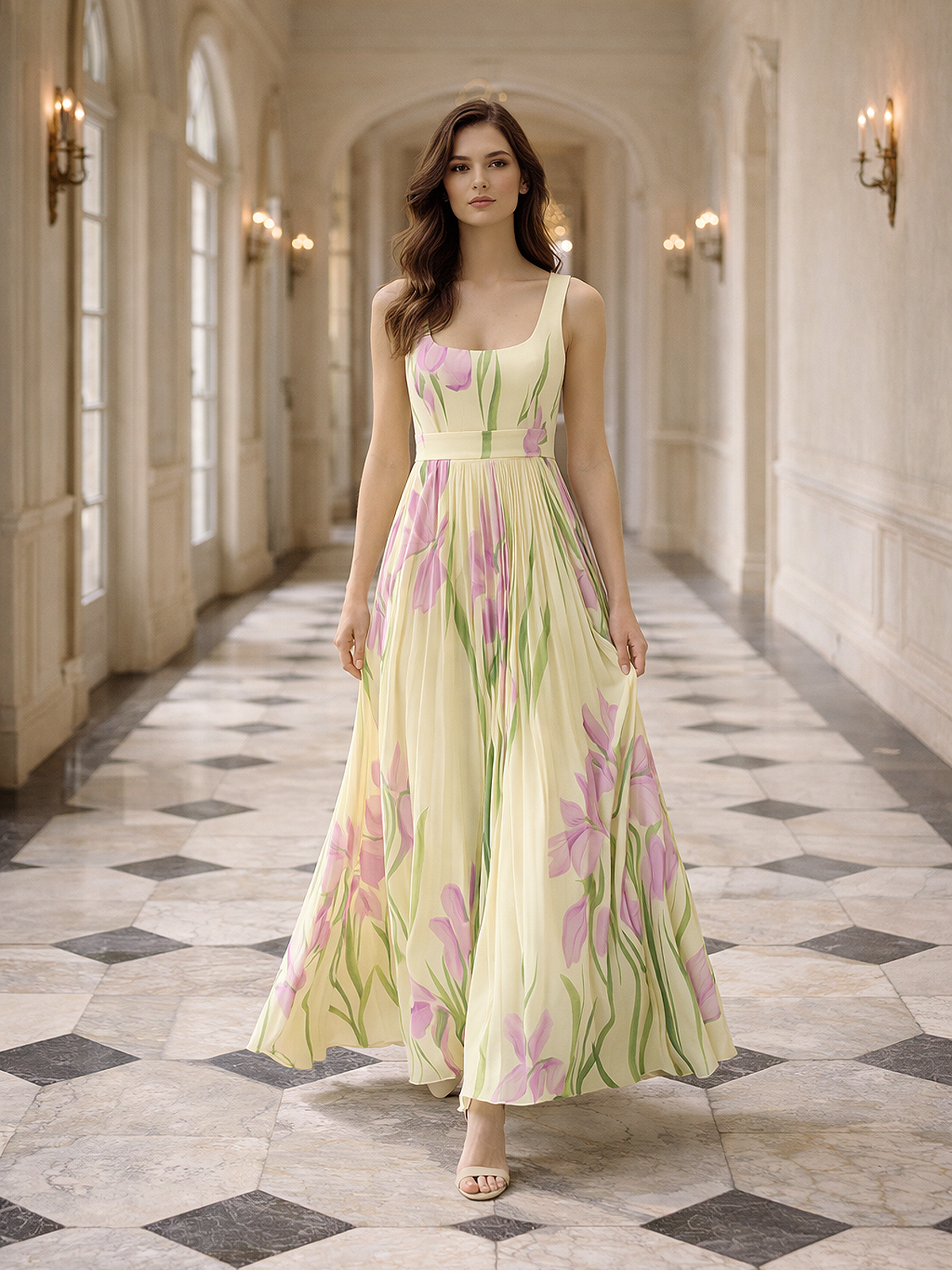 Florales Plissee Maxikleid