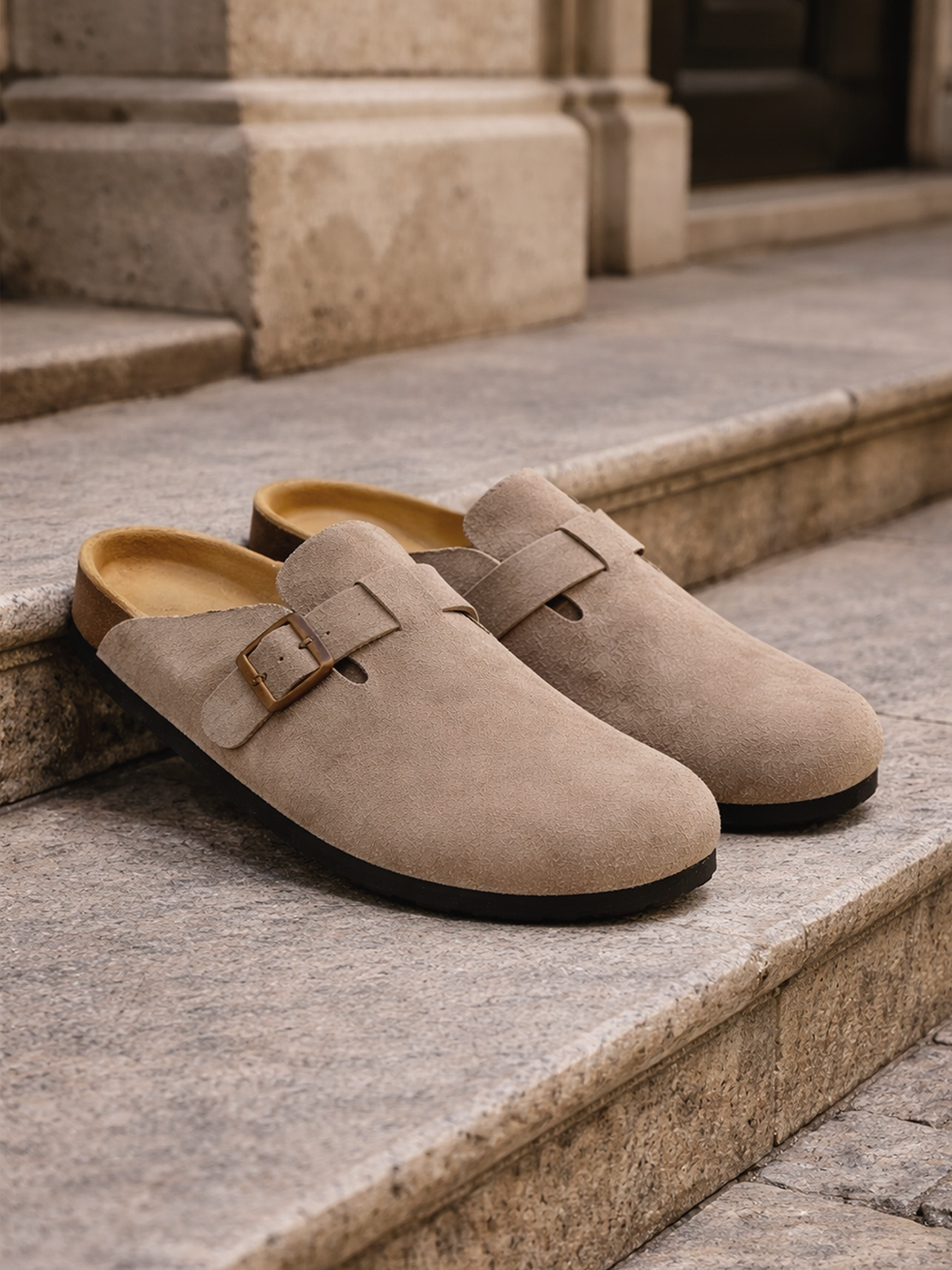 Suede Clogs with Buckle