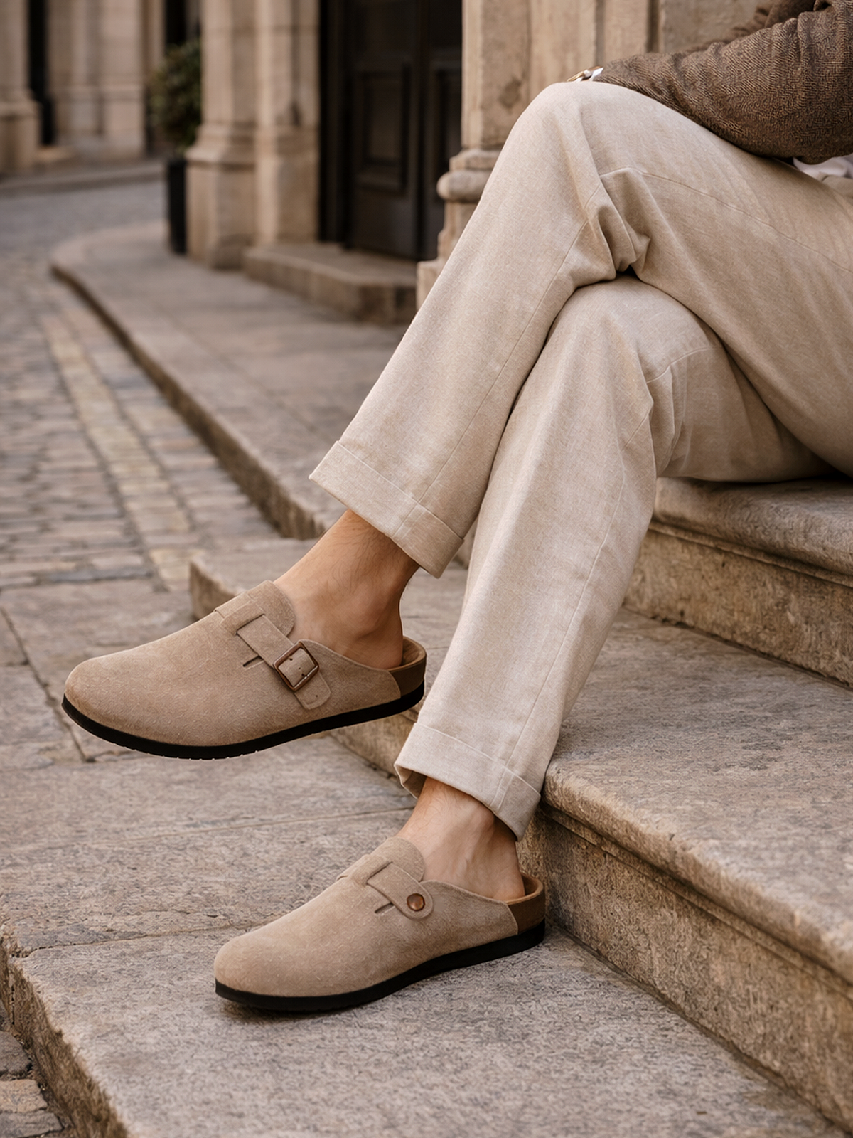 Suede Clogs with Buckle