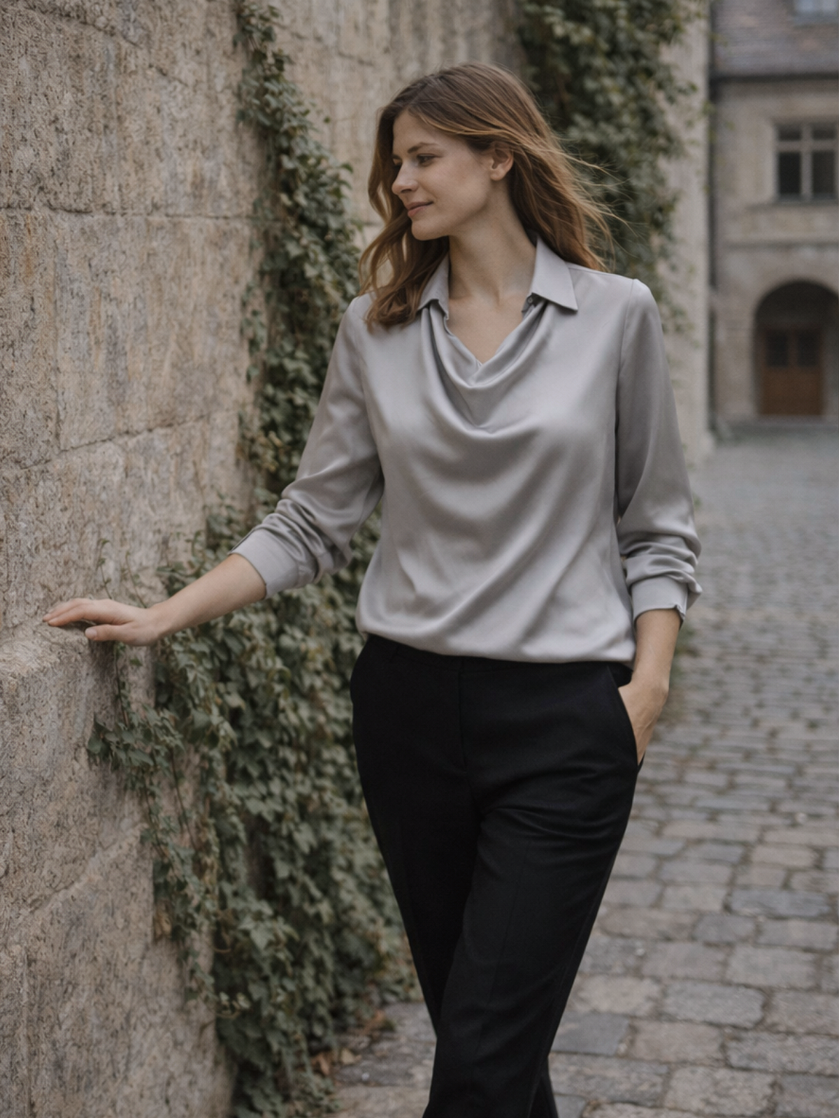 Langarm Bluse Wasserfallausschnitt