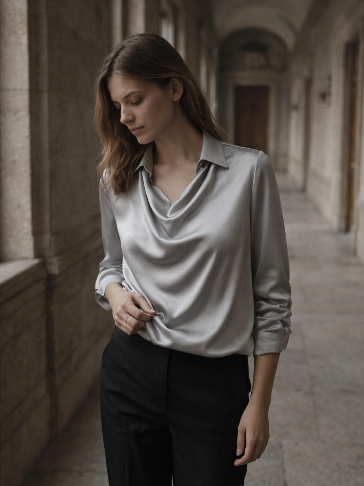 Langarm Bluse Wasserfallausschnitt