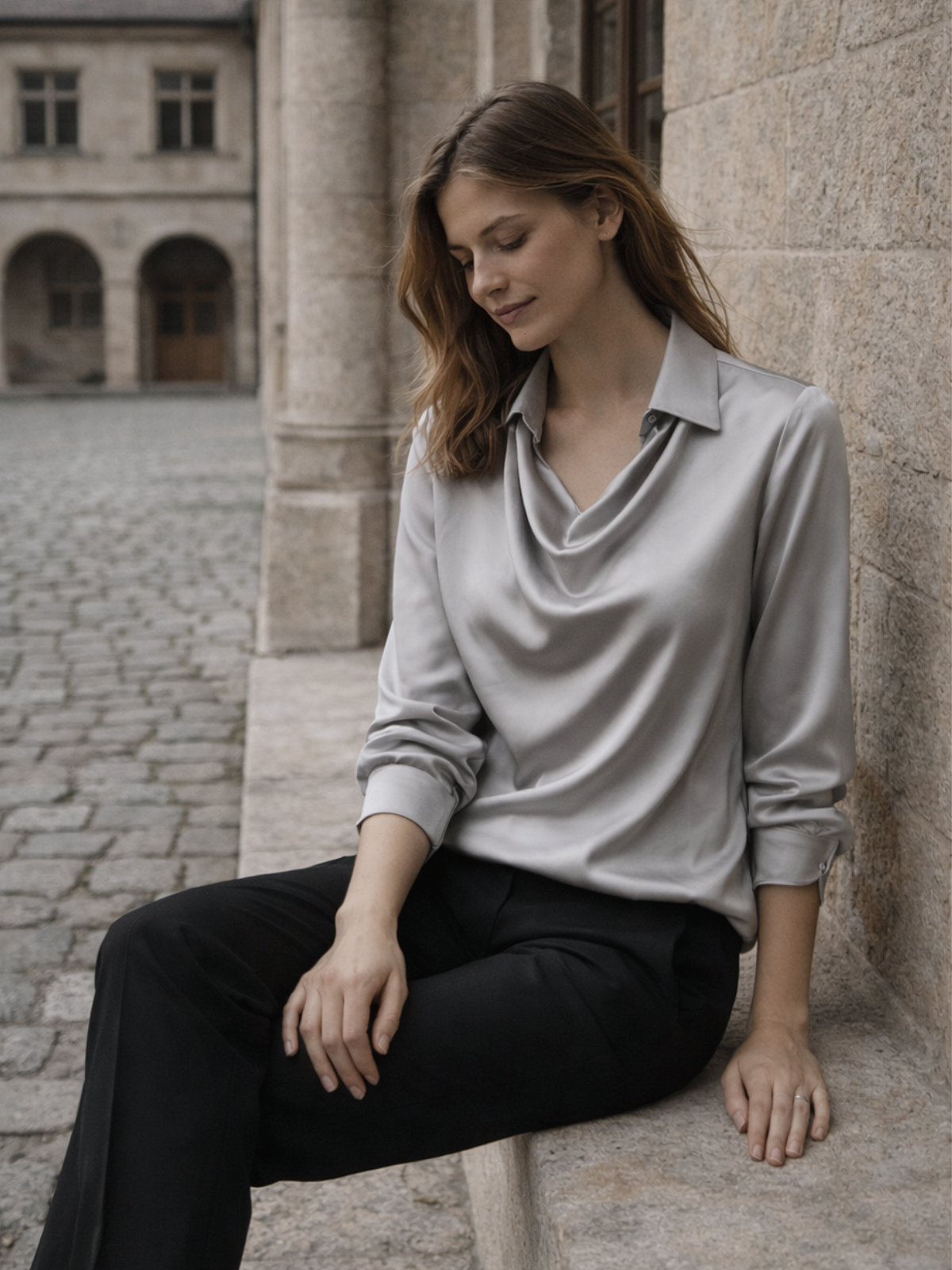 Langarm Bluse Wasserfallausschnitt