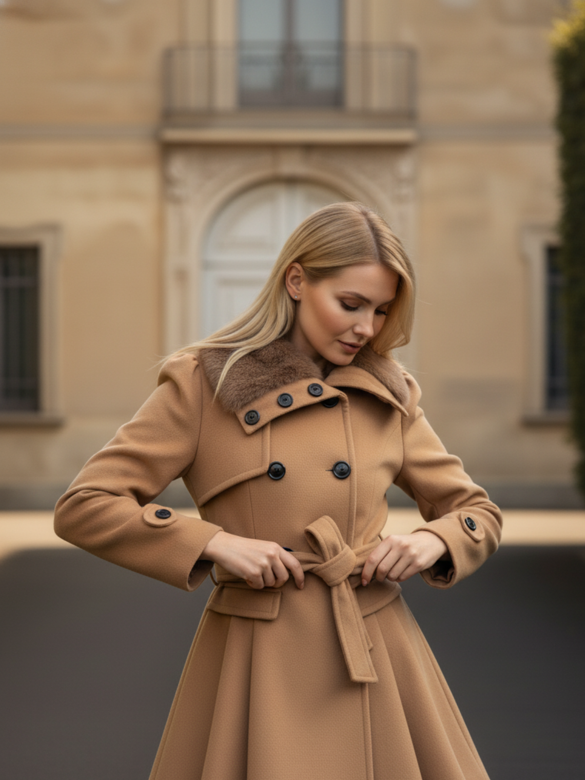 Mantel mit Gürtel und Pelzkragen