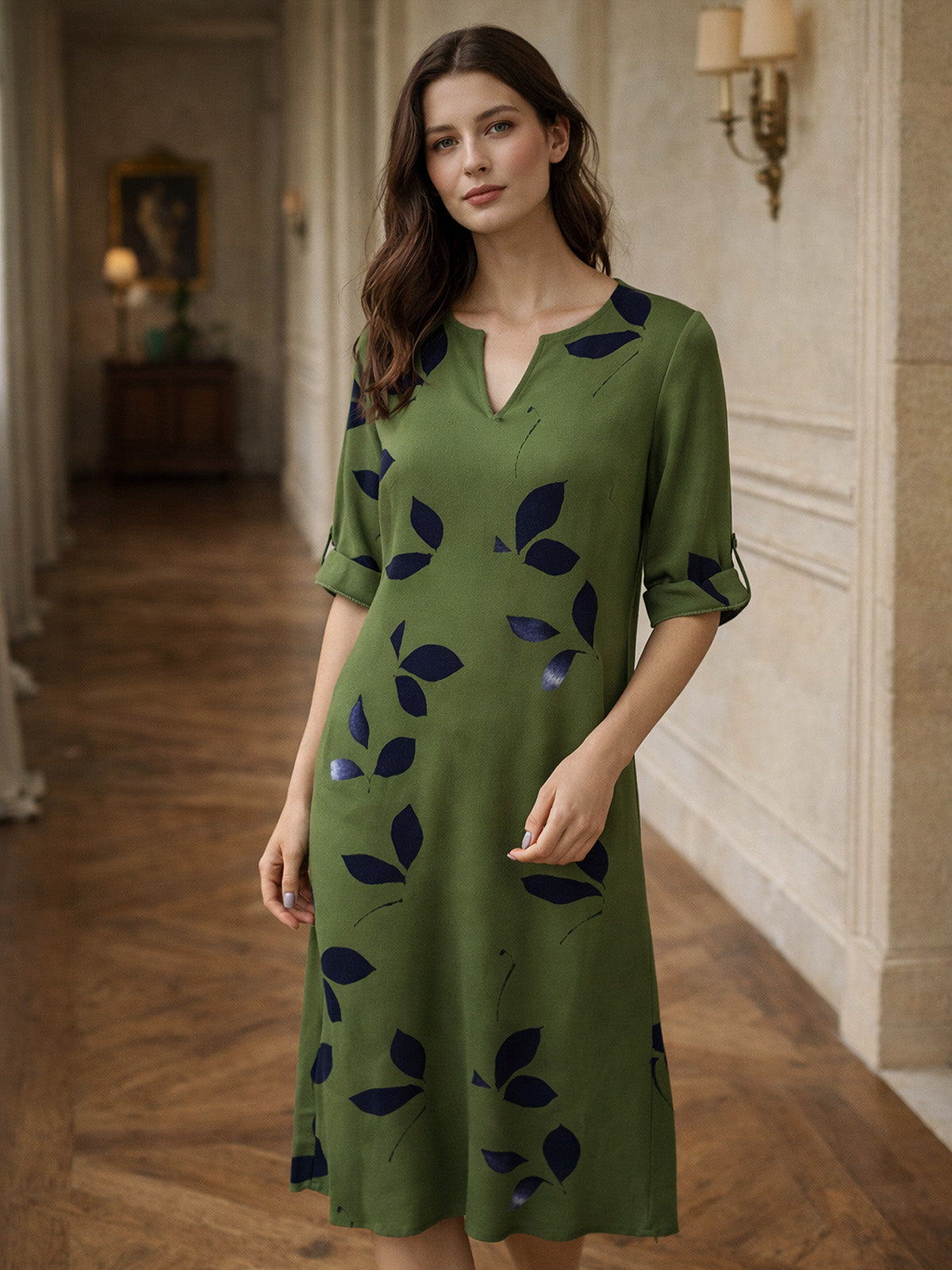V Ausschnitt Blattmuster Sommerkleid