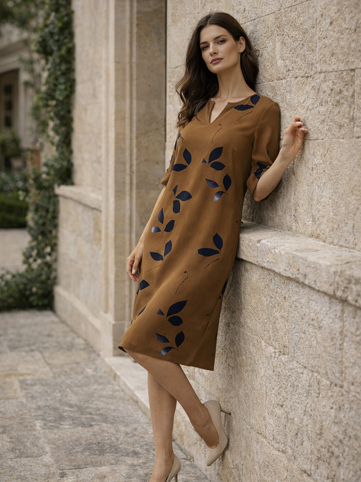 V Ausschnitt Blattmuster Sommerkleid