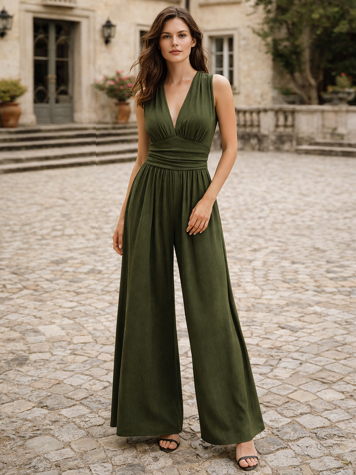 V Ausschnitt Weitbein Jumpsuit