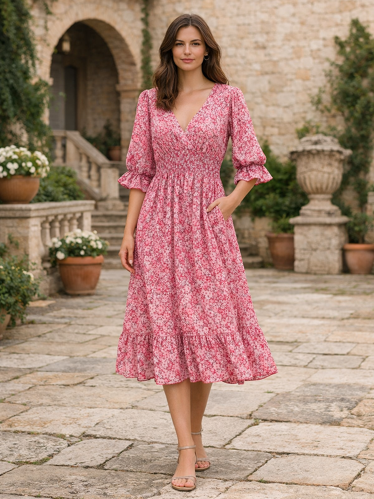 Floral Muster V Ausschnitt Sommerkleid