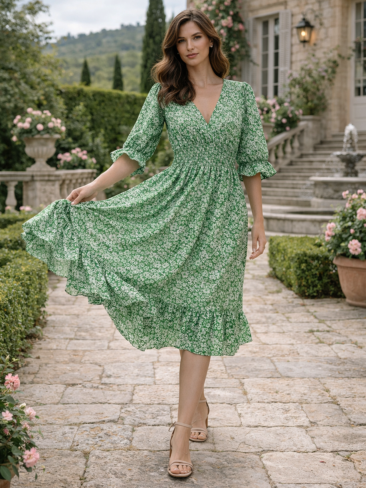 Floral Muster V Ausschnitt Sommerkleid