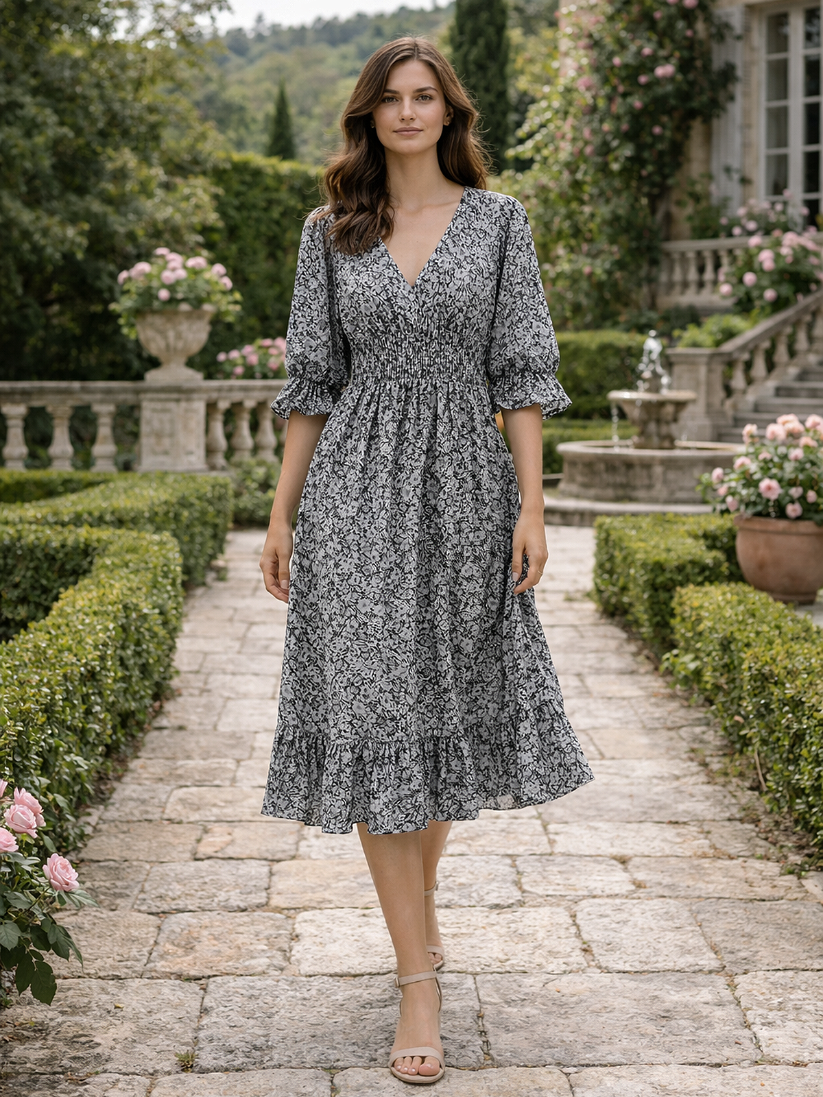 Floral Muster V Ausschnitt Sommerkleid