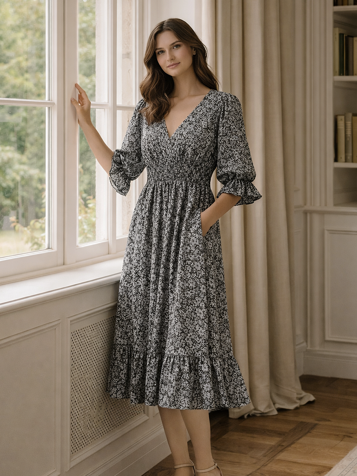 Floral Muster V Ausschnitt Sommerkleid