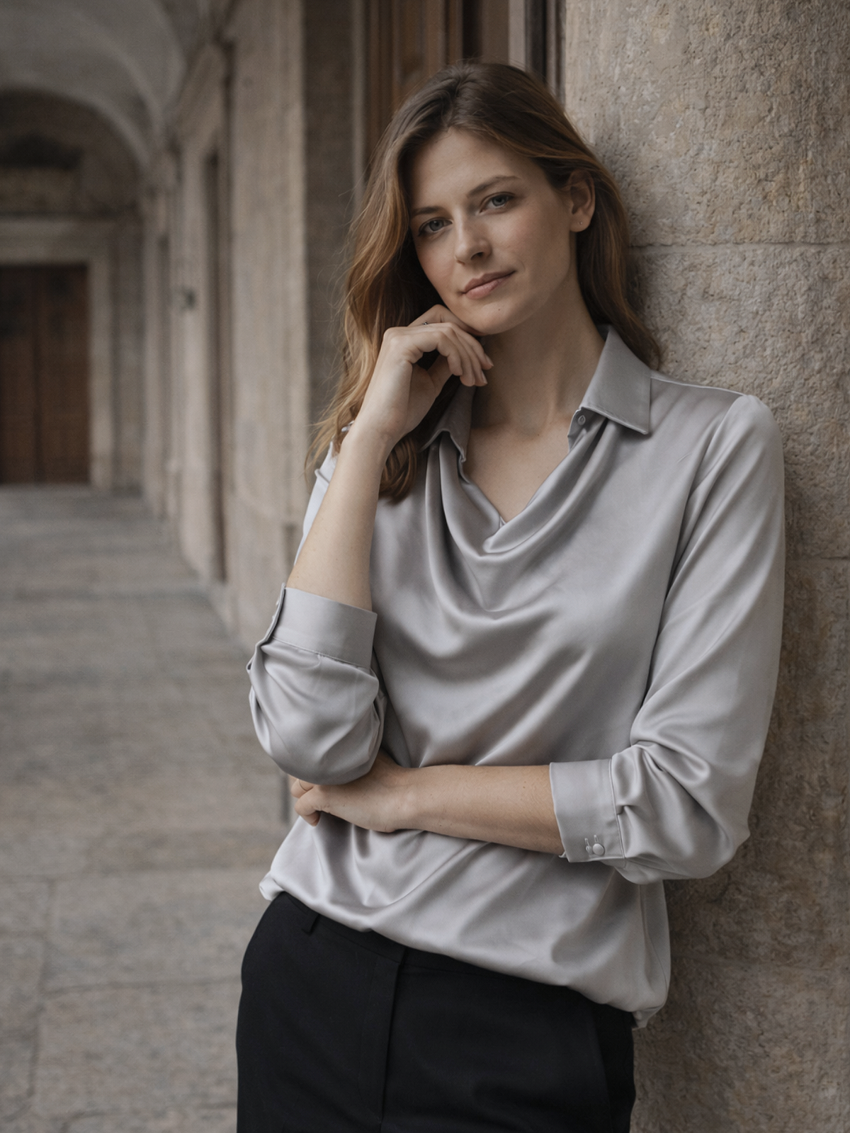 Langarm Bluse Wasserfallausschnitt