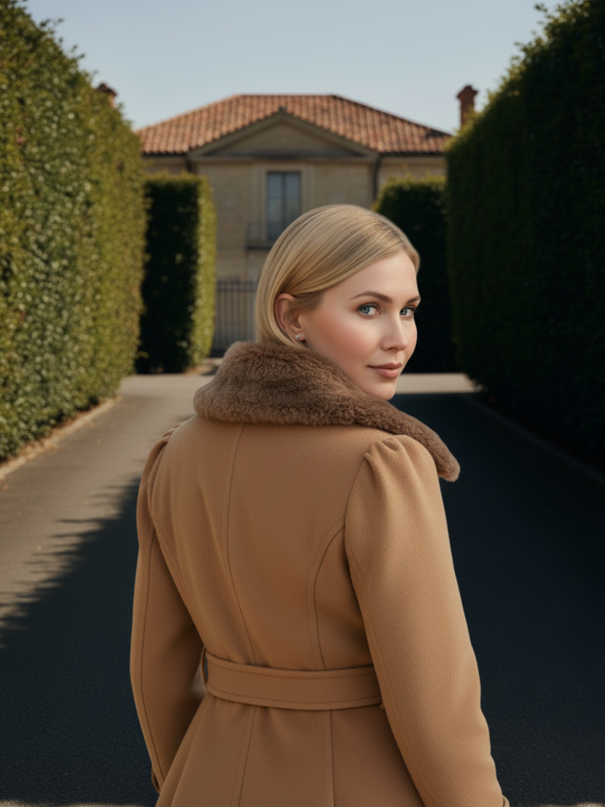 Mantel mit Gürtel und Pelzkragen